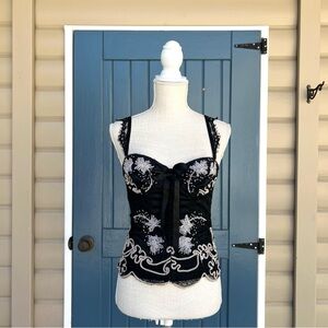 Cotton Club Black lace corset top with white floral embroidery beads Size 34M